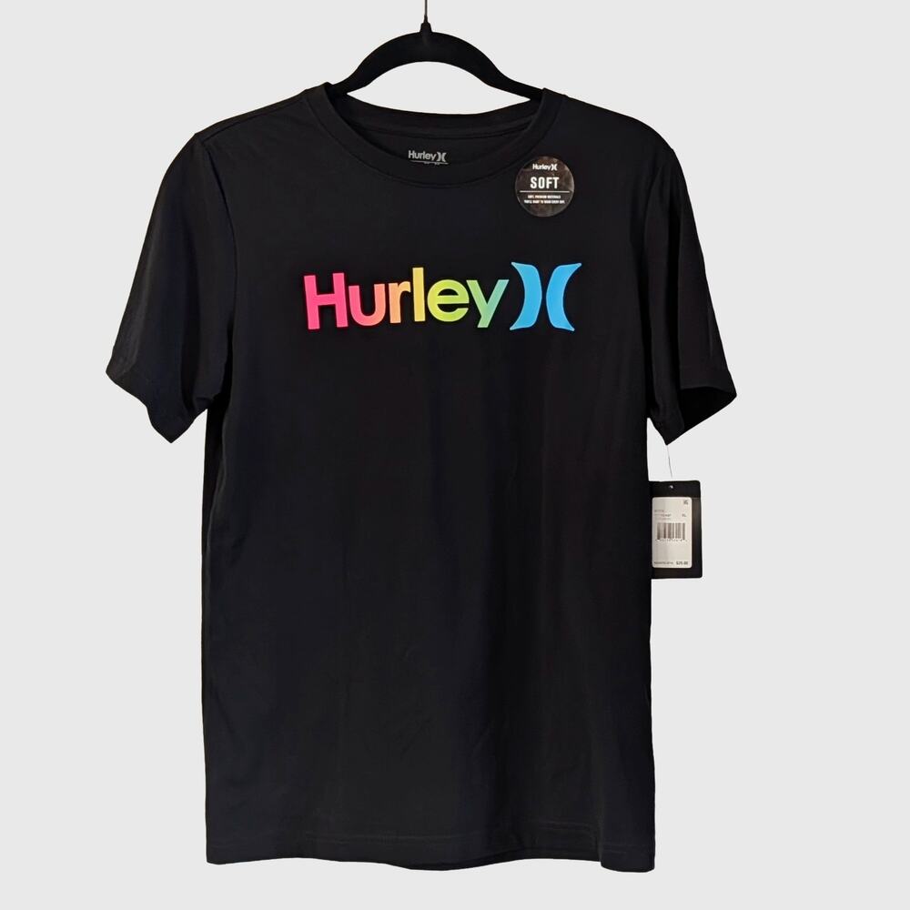 Hurley NEW Rainbow Logo T Shirt  Youth L Black Graphic Surf Skate Tee